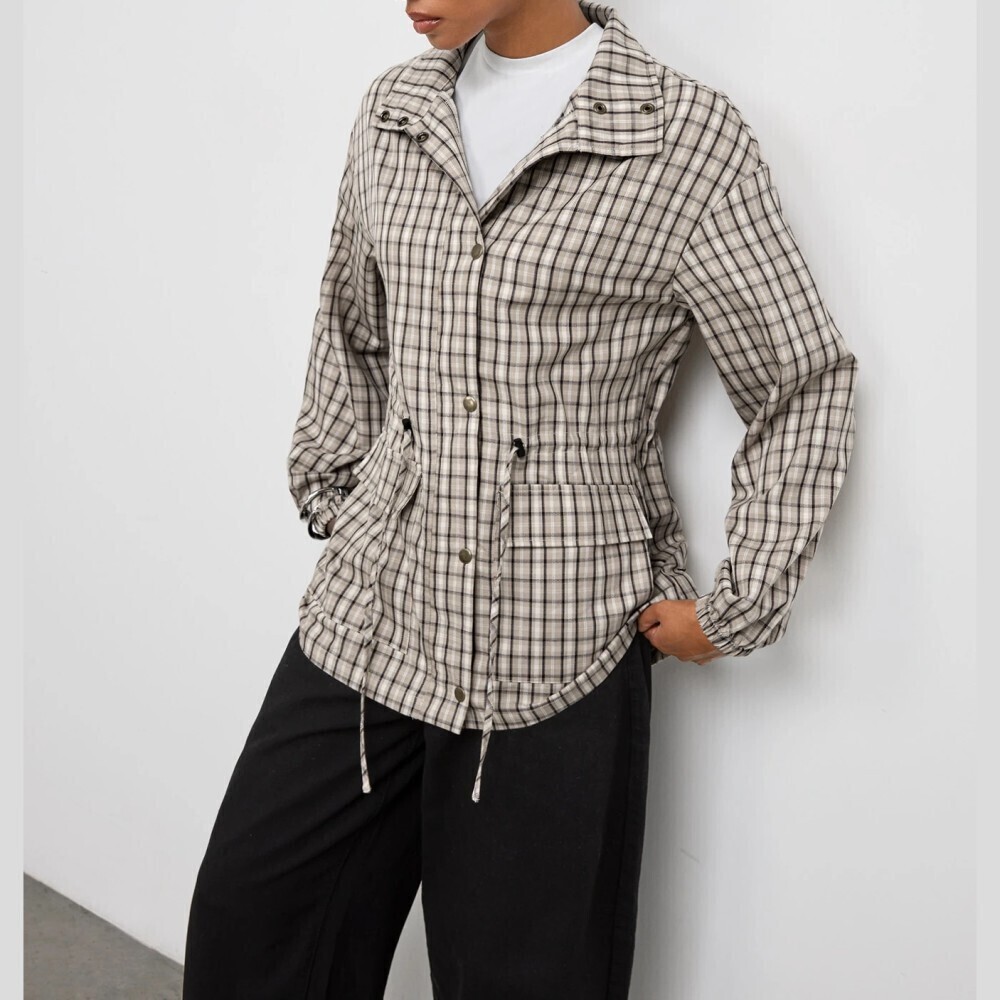 Tan Plaid Snap Button Drawstring Waist Utility Jacket